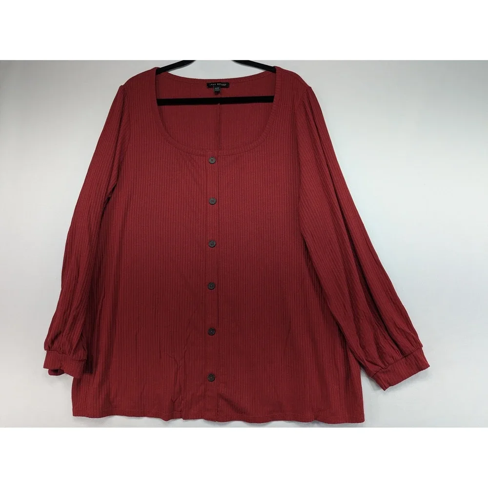 Lane‎ Bryant Ribbed Button Front Long Sleeve Tunic Top Plus Size 22/24 Red